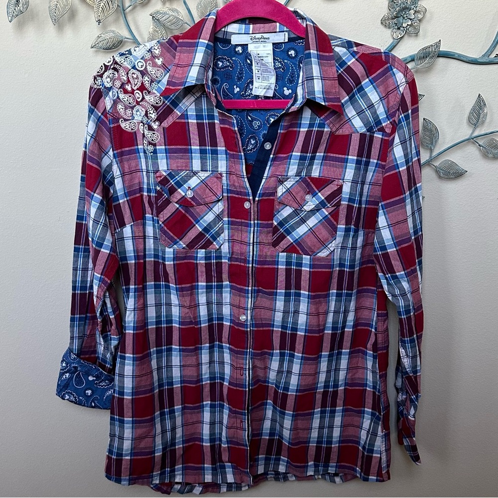 Disney Parks Red White Blue Plaid Long Sleeve Button Down Shirt Sz M EUC